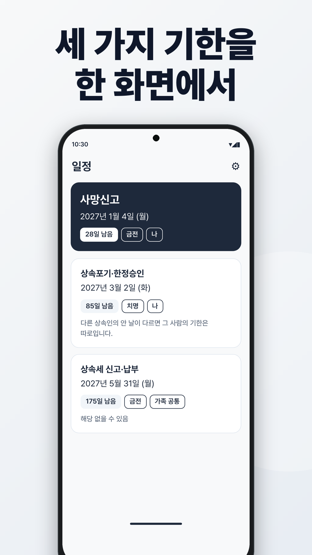 여러 기한을 한 화면에서 보여 주는 일정. 사망신고, 상속포기·한정승인, 상속세 신고·납부의 날짜와 남은 날이 있습니다.