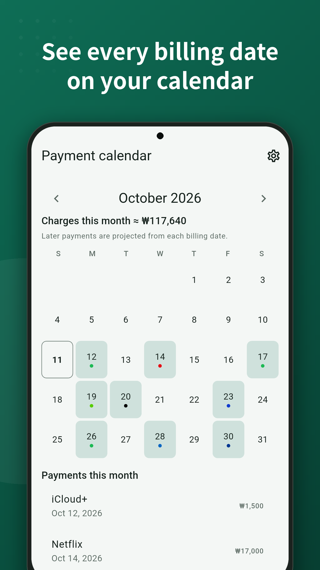 Calendar view of upcoming subscription payment dates